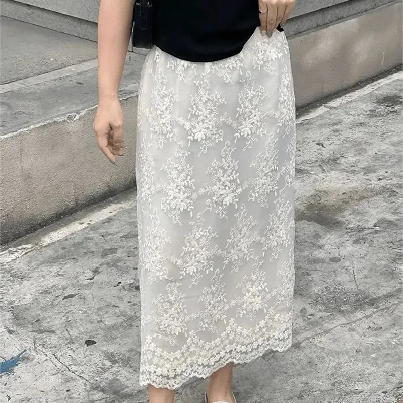 

Новая элегантная летняя юбка, женская винтажная эластичная талия с цветочной вышивкой, милые сетчатые вечерние юбки трапециевидной формы, однотонные юбки Jupe