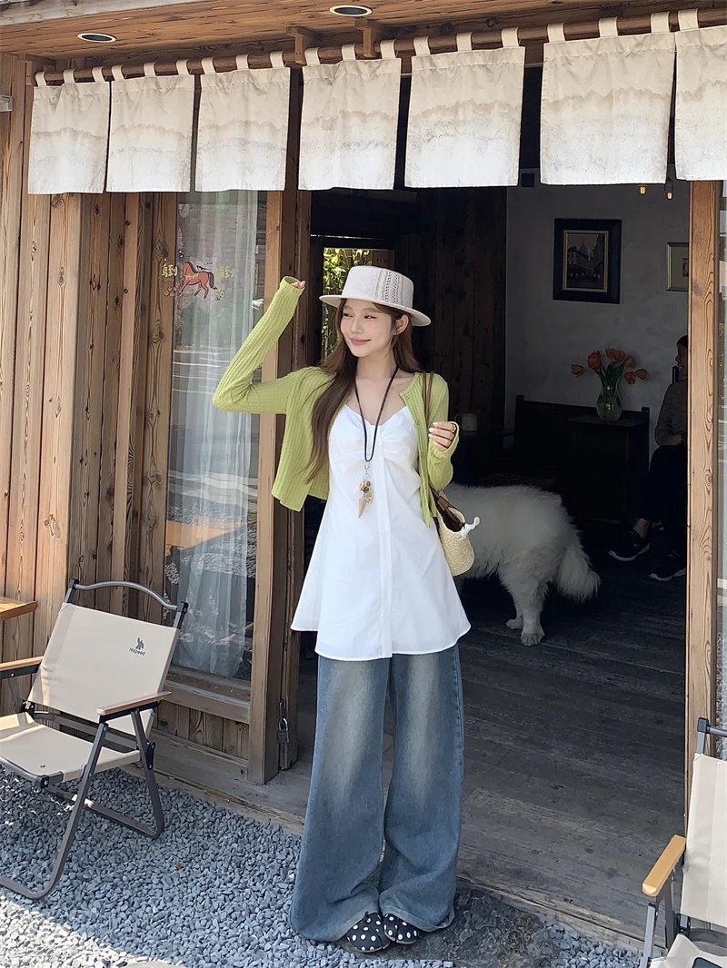 

Модный комплект Kumikumi: зеленый кардиган с длинными рукавами и плиссированный топ на бретельках для женщин, весенний, утягивающий, из двух предметов