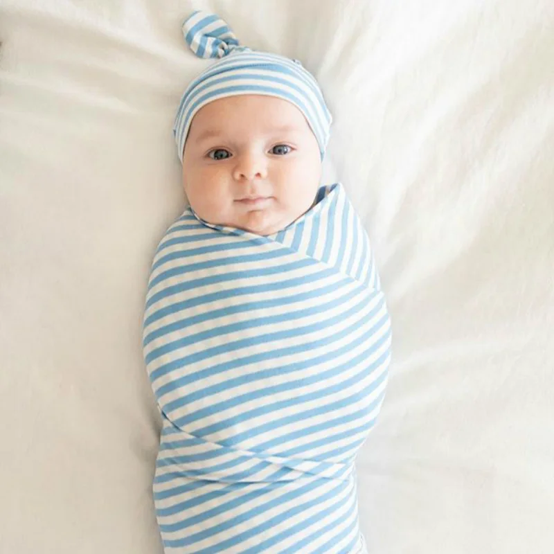 Newborn Baby Sleepsack Cotton Toddler Striped Printed Swaddle Blanket Wrap Hat Set Infant Adjustable New Born Sleeping Bag 2PCS