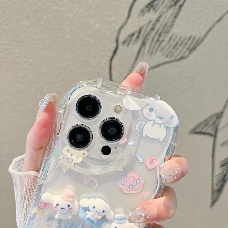 Casing gelombang 3D Sanrios Cinnamoroll lucu untuk IPhone 16 15 14 13 12 11 Pro Max Mini X XR XSMAX 8 7 6S Plus penutup silikon lunak