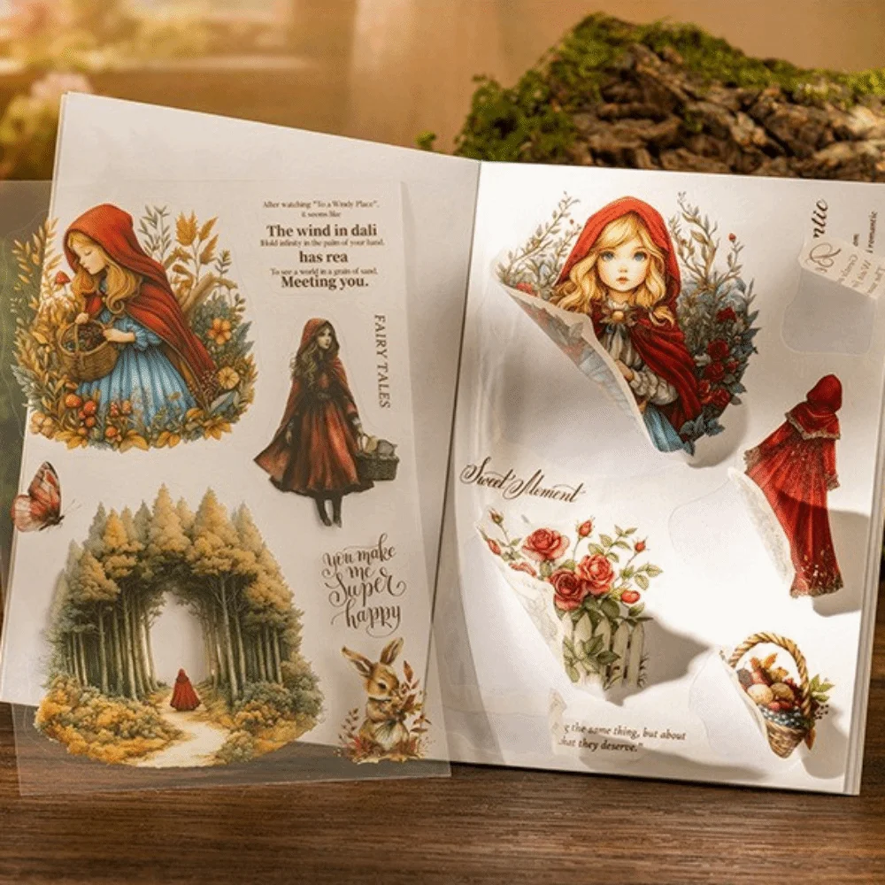 Fairy Tale Series Pocket Sticker Book PET & Paper 18 Sheets Scrapbook Stickers Elegent Girls Die Cut Journal Stickers for Girls