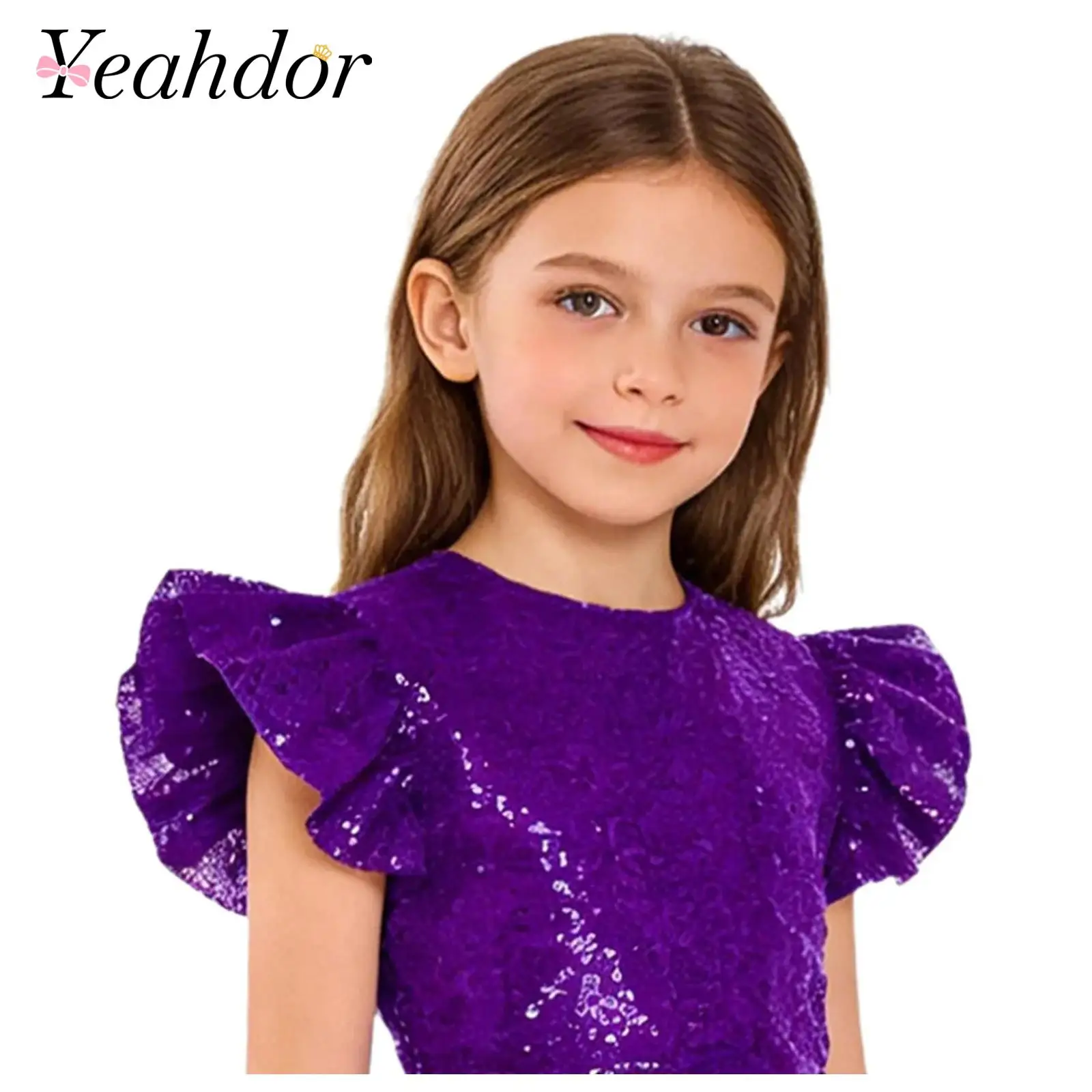 

Tshirts Kids Girls Sequin T-shirt Fly Sleeve Stage Performance Tops Fashion Childs Shiny Street Jazz Dance Birthday Partycostume