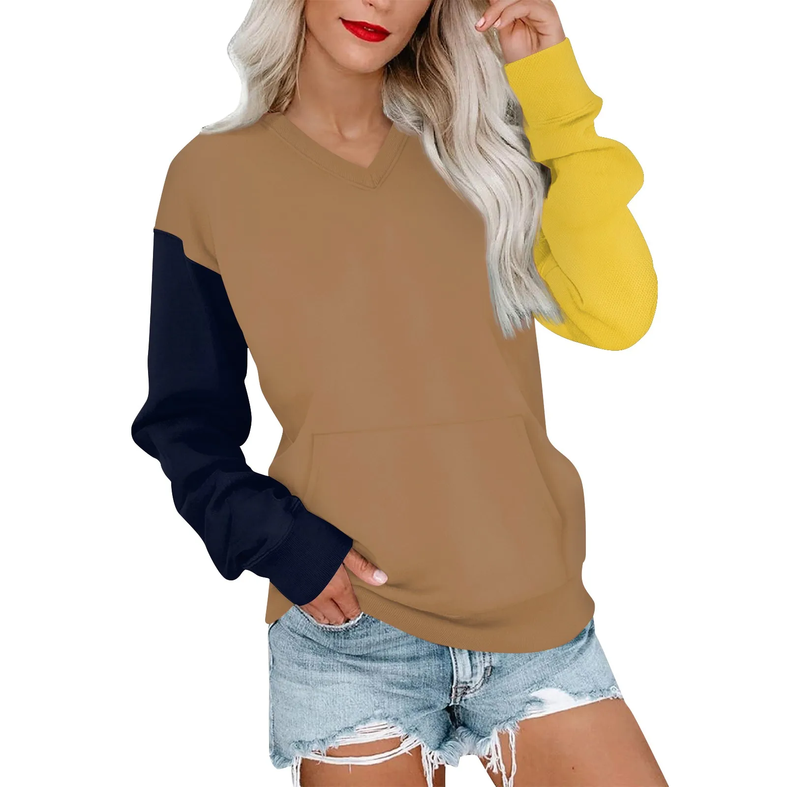 Women'S Casual Fashion Stitching Color V-Neck Long Sleeve Sweatshirt Light Pullover With Pockets Sudaderas De Mujeres 2024