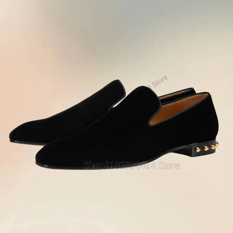 

Gold Rivets Decor Black Square Toe Flock Loafers Fashion Slip On Men Shoes Luxury Handmade Party Feast Office Men Casual Shoes