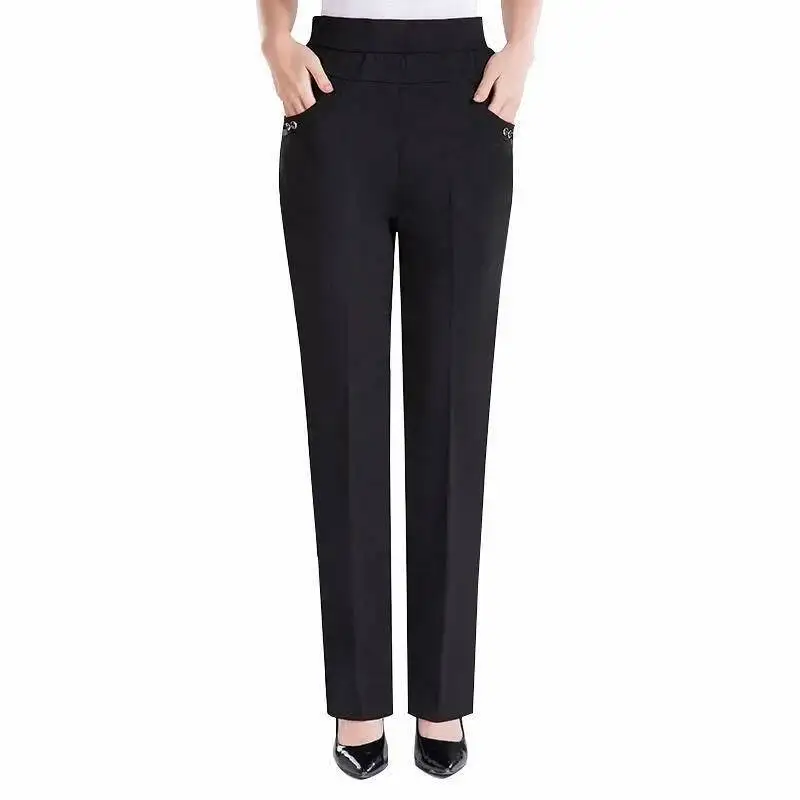 

Middle-aged Women Trousers 2025 Spring Autumn Black Straight Pants Pantalon Femme Casual Loose High Elastic Waist Trousers