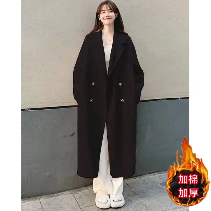 Wool Coats Women Casual Splice Long Blend Coat Button Turn Down Collar Thick Blends Full Sleeve Jackets Elegant Lady 2024