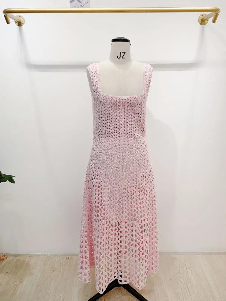 Summer Sweet Lady Diamonds Jacquard Hollowed Out Short Sleeved Knitted Cardigan Tops Coat Slim Fit Long Dress Set Two Piece Set image 5