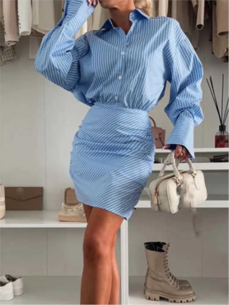 

Fashion Striped Shirt Dress For Women Elegant Long Sleeve Button High Waist Package Hip Mini Dresses Lady Office Womens Clothing