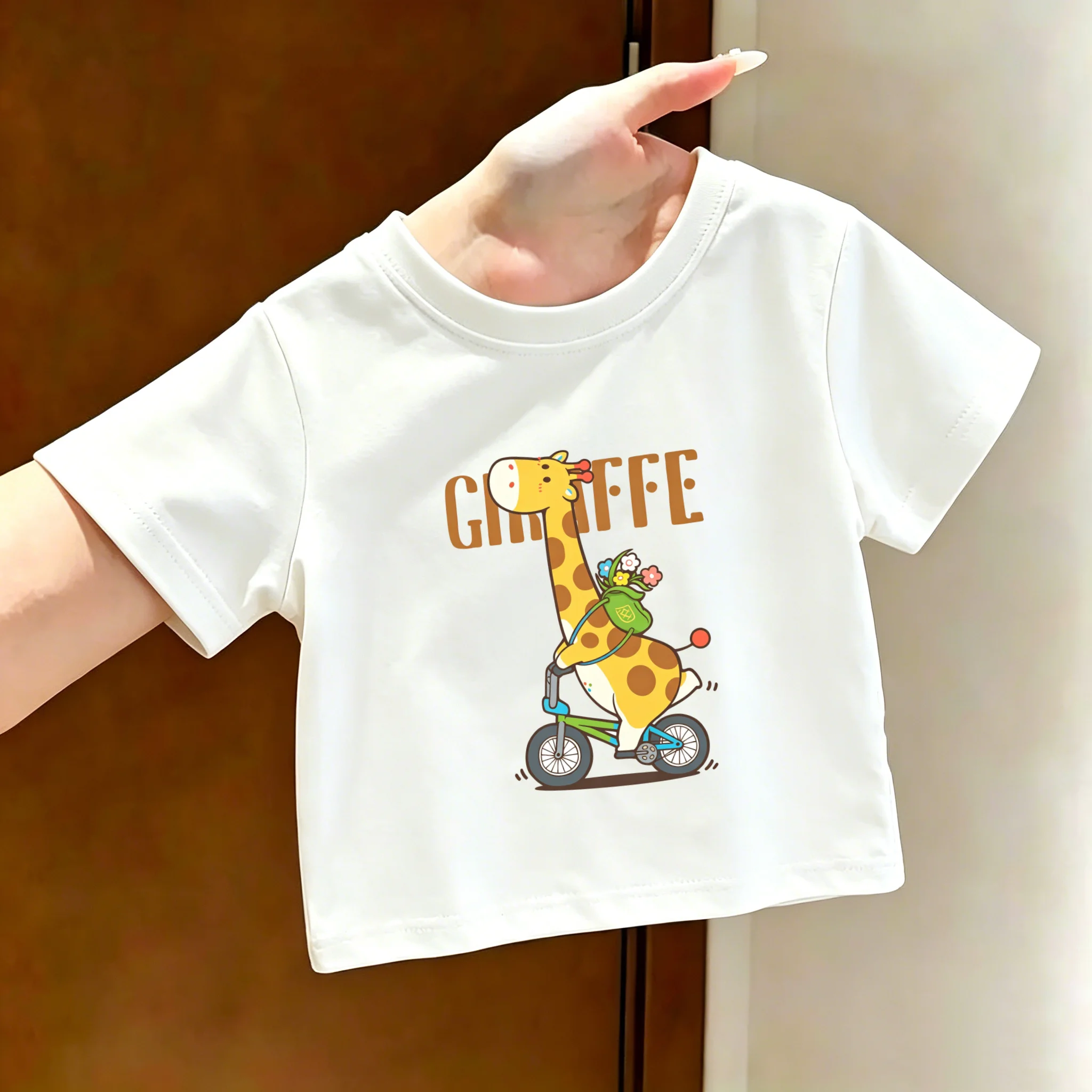Children's Pure Cotton Round-neck Short-sleeved T-shirt Summer Top Comfortable Loose Fit Giraffe Riding Bike Design