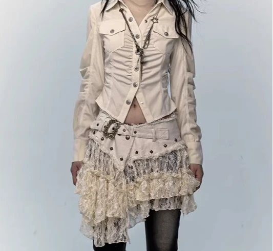 2026 Spring Summer New Retro Sexy Low rise Lace Splicing Irregular Skirts Fashion Gauze Beige Japanese Sweet Girl Street Skirt