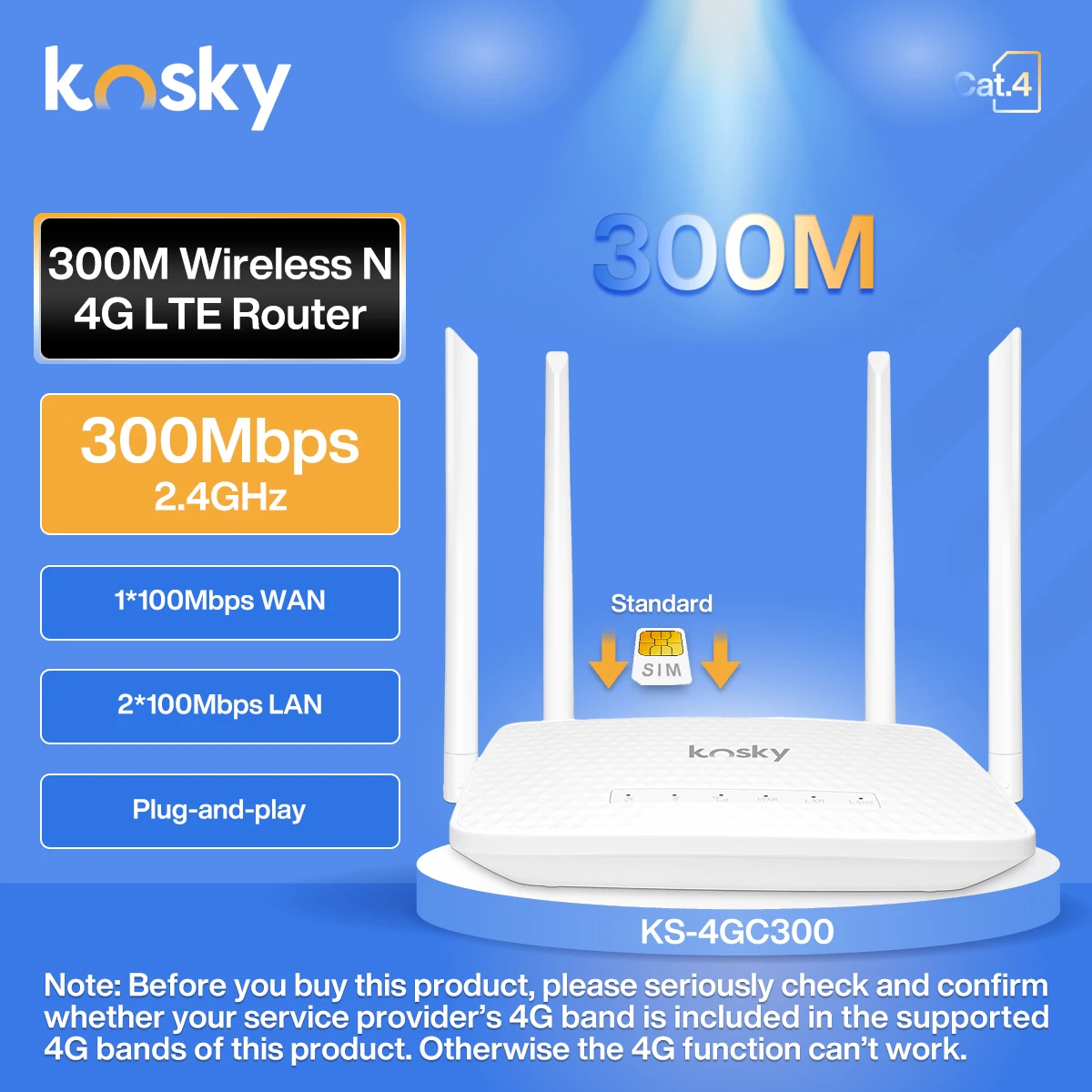 

Kosky KS-4GC300 Однодиапазонный маршрутизатор 4G LTE, беспроводная портативная точка доступа Wi-Fi для домашних путешествий, слот для SIM-карты, простая настройка