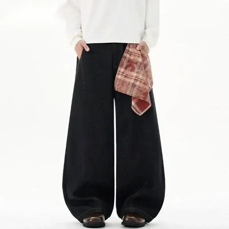 Niche Design Men's Denim Pants Removable Handkerchief Solid Color Curved Knife Trousers Wide Leg Loose Male Jeans 9WBWSB