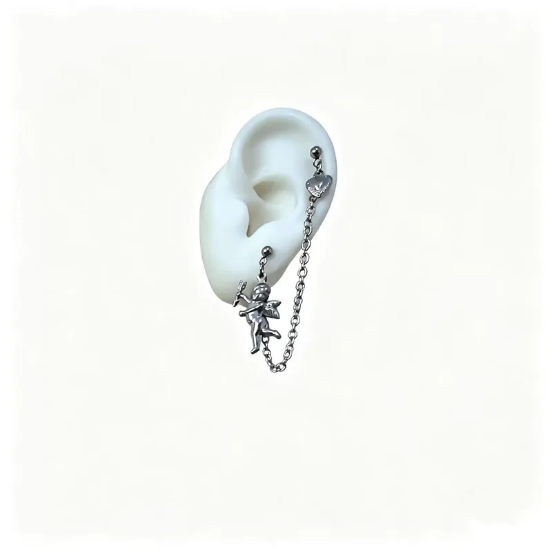 Niche Original Design Earrings Ins Minimalist Style Double Ear Hole Ear Bone Chain Cupid Heart Earrings for Men and Women