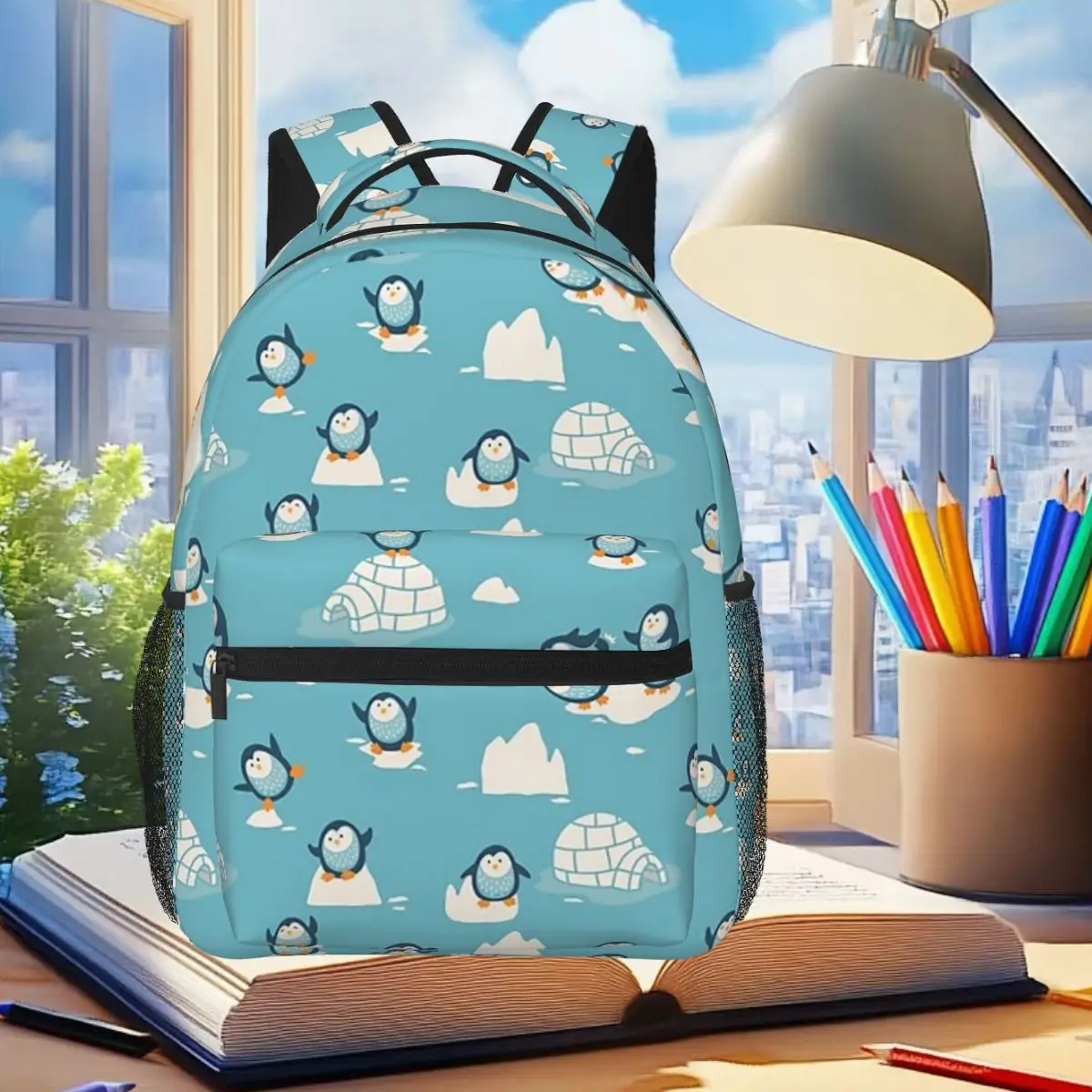 Mochila fofa com estampa de pinguim e neve, mochila escolar para estudantes, meninos e meninas, bolsa escolar para crianças, bolsa de ombro para computador, para homens e mulheres
