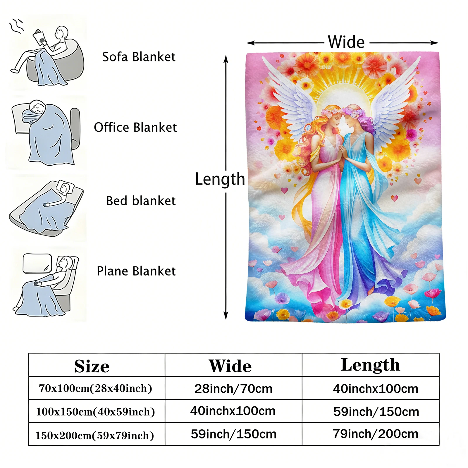 Two Guardian Angels Floral Cloud Flannel Throw Blanket Sunlight Wings Angel Holding Hands Flower Heart Petal Print Decor Blanket