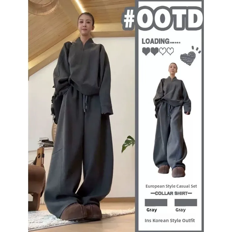 

Large Size Casual Sweatirt And Wide Leg Pants Set for Men Autumn Winter New Sle f Zipper Stand Collar Leisure Outfit