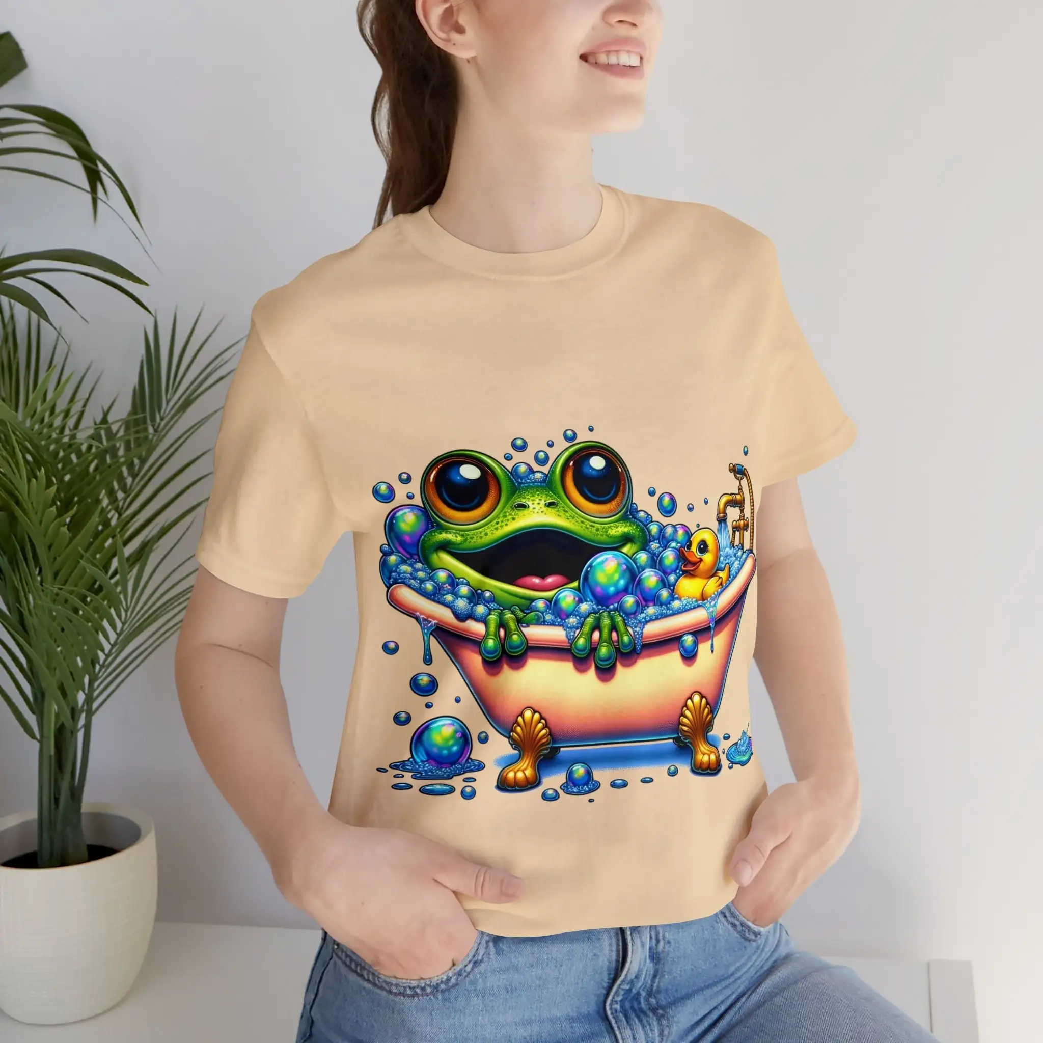 Fun Cartoon Frog Bubble Bath T Shirt Expressive Eye Design DTG Print for All Ages Playful Casual Wear Top Idea