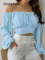 Chemisier imprimé Sexy pour femmes, épaules dénudées, Chic et élégant, lanterne, manches longues, nœud à lacets, hauts courts, chemises Slim décontractées, 2023 2