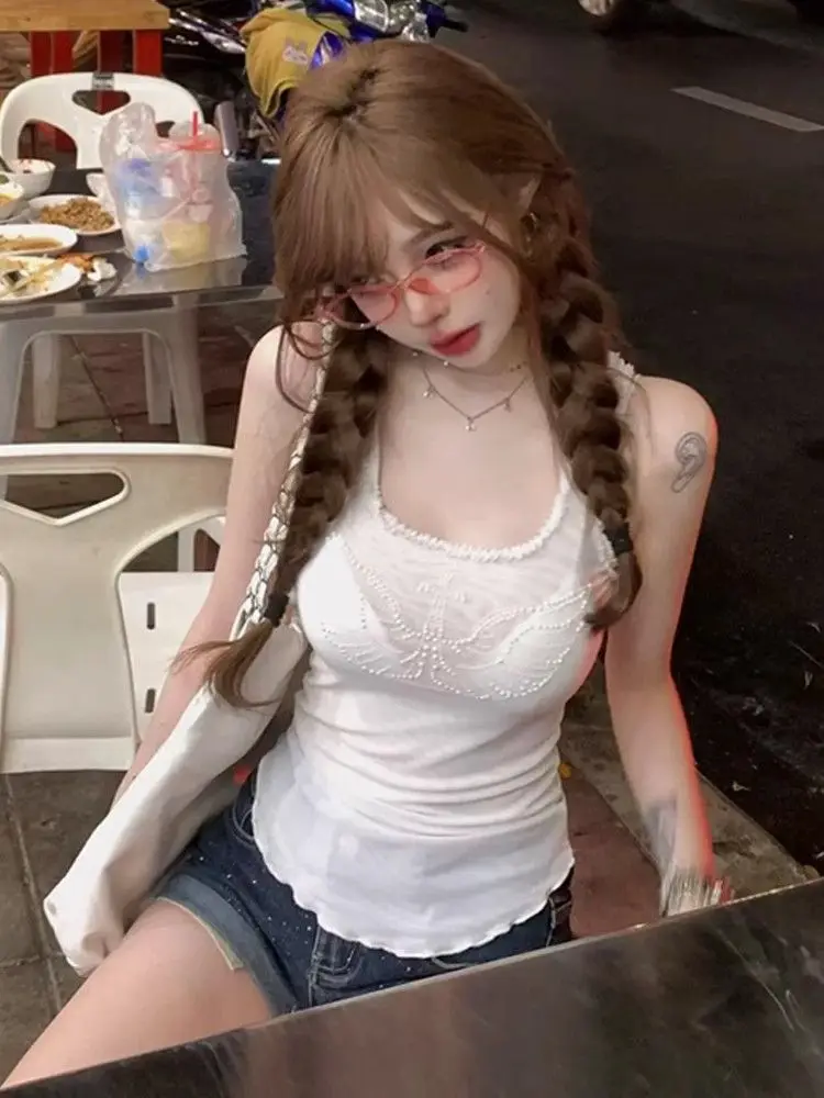 Korean Style Small Halter Hot Drill Undershirt Female Summer New Wooden Ear Edge Cover Meat Thin Cute Tops Women Clothing