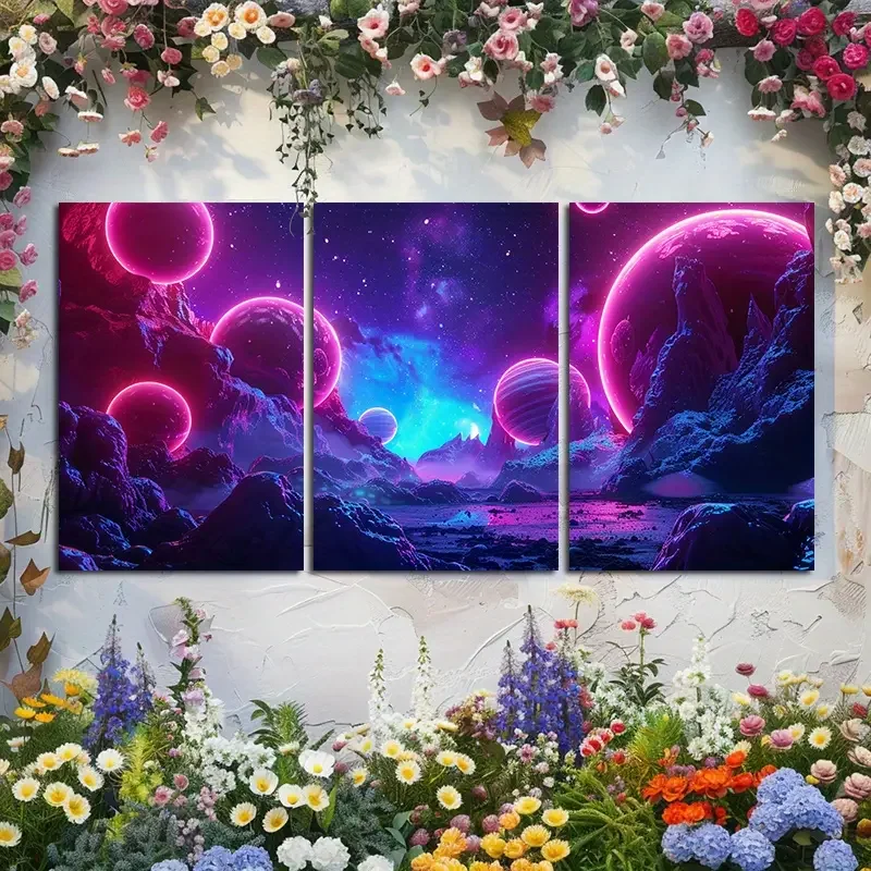 Space-Themed Triptych Wall Art - 3-Piece Frameless Canvas Prints Set, Astral Planetary Landscape, Vibrant Galaxy Decor for Livin