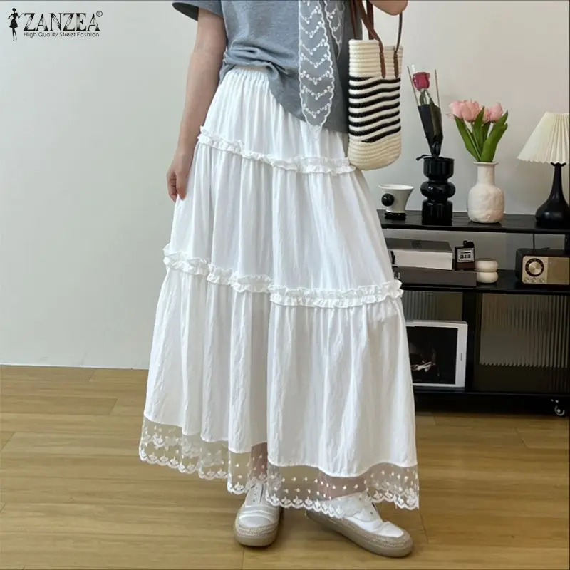 2026 ZANZEA レディース レース マキシスカート ファッション 夏 エラスティックウエスト ジュープ ファルダス サイヤ ハイウエスト フリル ソリッド カジュアル ルーズ ボトムス