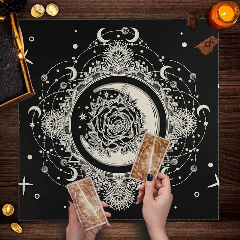 【Moon Phase Rose】Mandala Tarot Tablecloth, Spiritual Space Decor, Multi-Scene Use, Washable Tablecloth