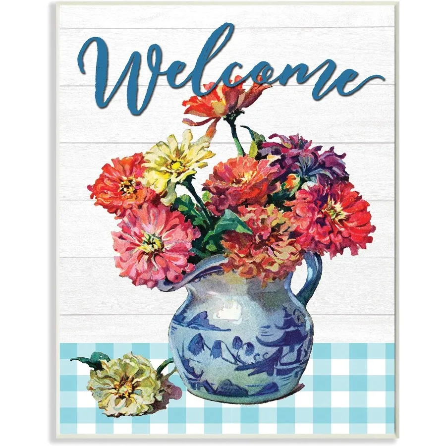 

Stupell Industries Welcome Flower Pot Blue Plaid Rustic Word Design Wall Plaque MultiColor