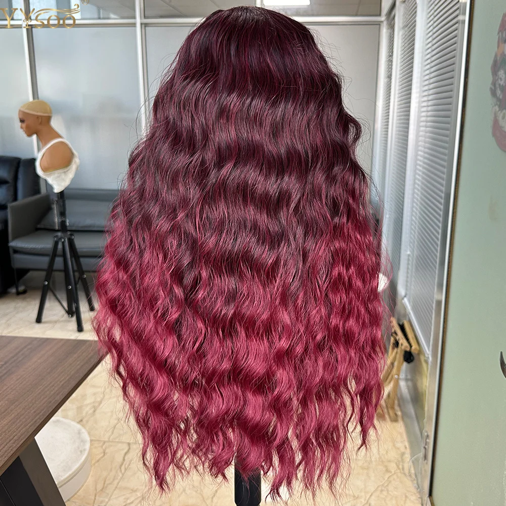 YYWigs 1B/39 Dark Roots Ombre 13x6 Lace Front Long Water Wave Heat Resistant Futura Fiber Synthetic Frontal Wigs for Black Women