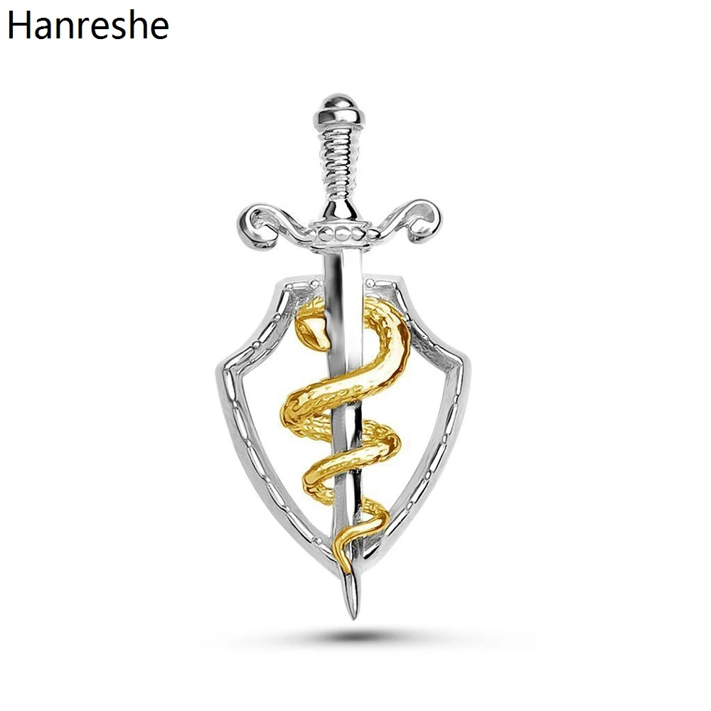 Hanreshe Luxury Medical Shield Sword Brooch Pins Medicine Snake Lapel Backpack Badge Jewelry Gift Collection for Doctors Nurses