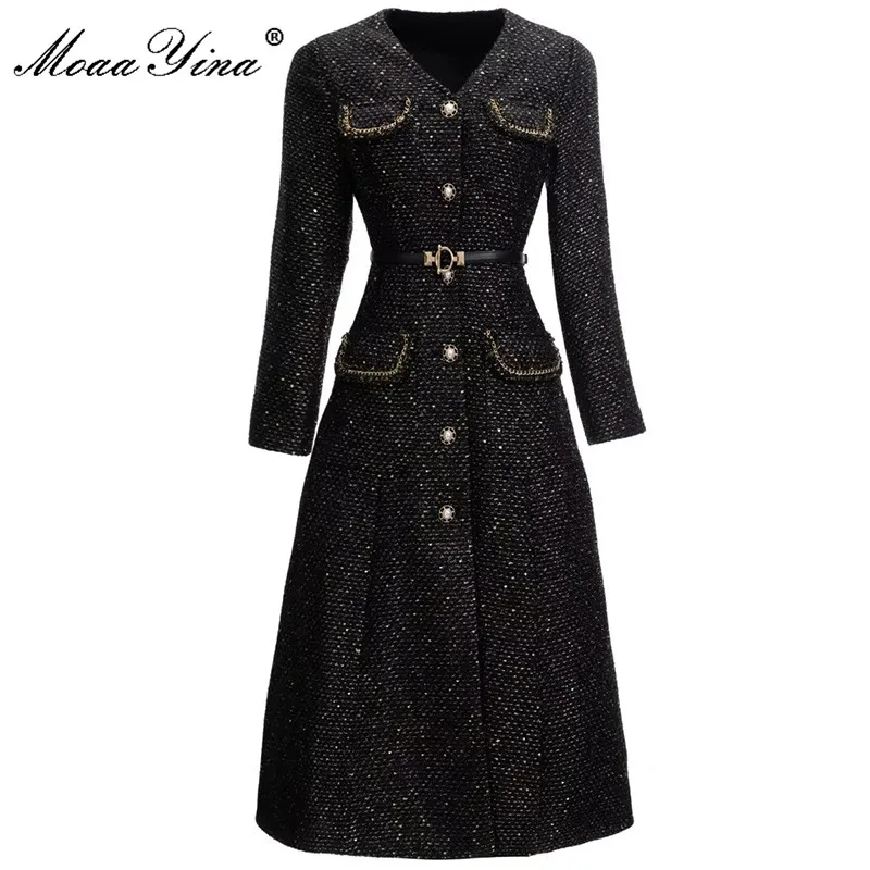 

MoaaYina Designer Autumn Winter Fashion Tweed Coat Women's Long Sleeve Single-breasted Belted Pocket Black Overcoat Outwear