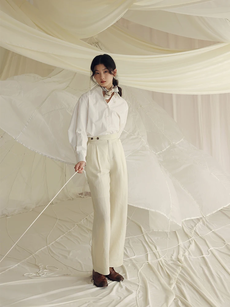 MOLIFUSU オリジナル ハイウエスト ワイドレッグ 竹結び ウェッドリネンパンツ レトロ スタイル レディース ビジネス カジュアル トラウザーズ