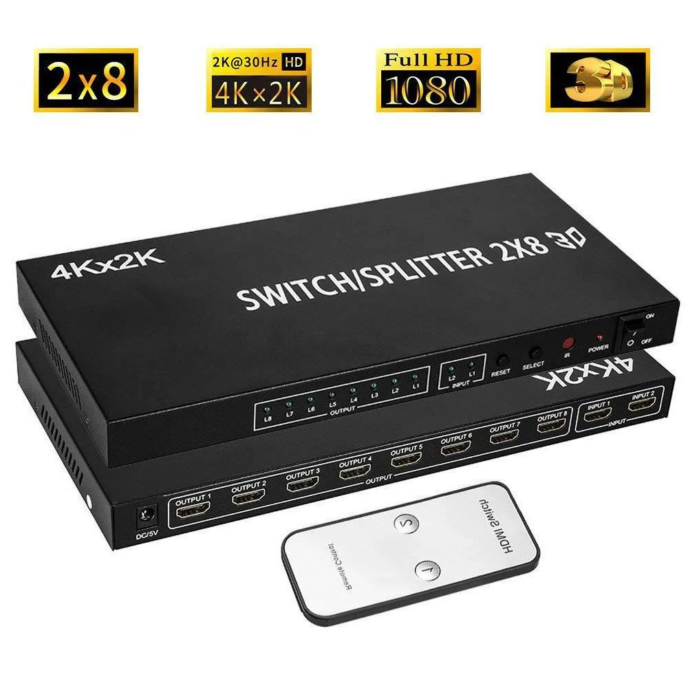 4K HD Switcher 2 in 8 out HDTV Switch Splitter 2x8 Video Distributor for Laptop PC to Multi Screen TV Projector Copy Display