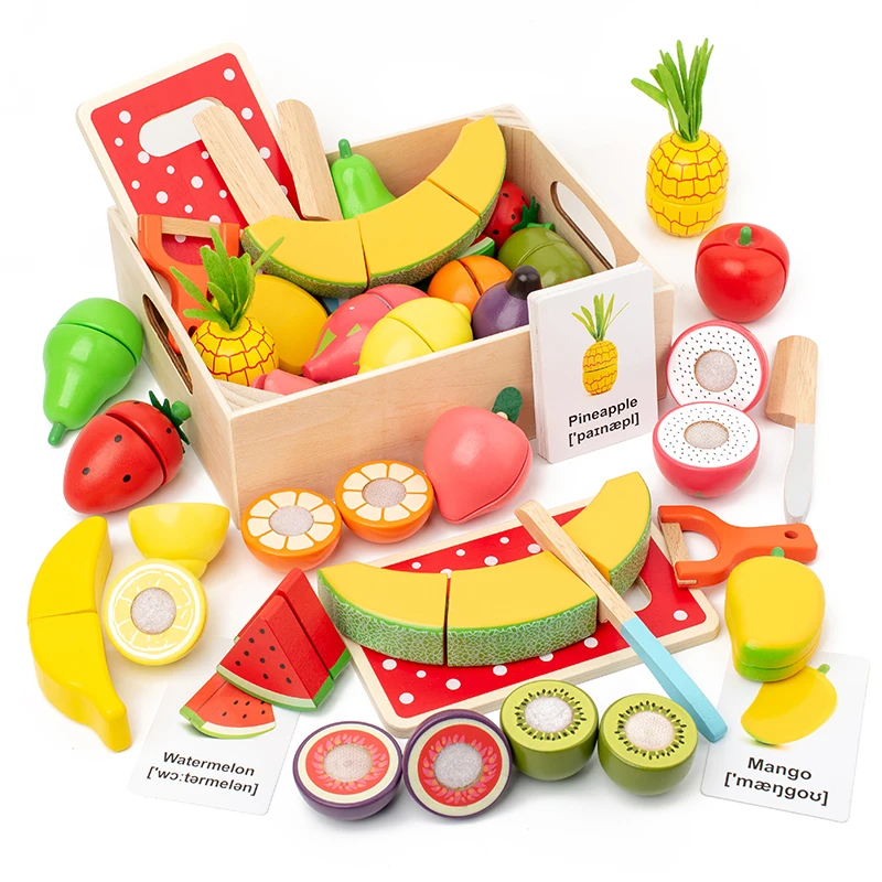 19 Pcs Wooden Play Food Cutting Set Toddler Pretend Play Kitchen Fruits Gift for Boys Girls Educational Toys Early education