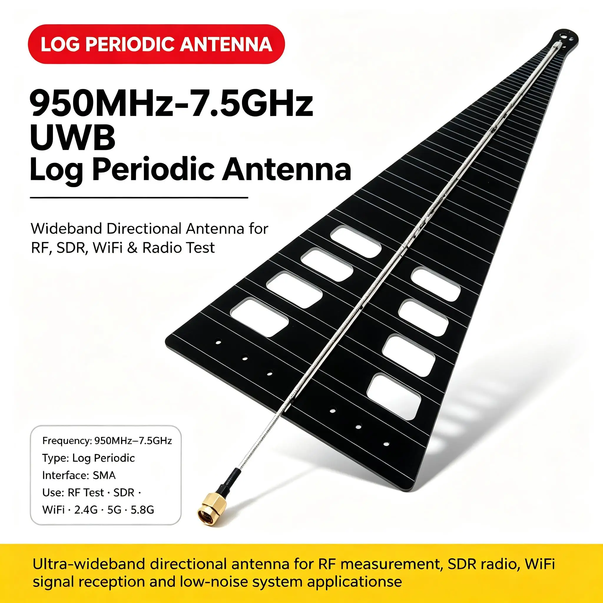 DYKB Log Periodic Antenna 950MHz-7.5GHz UWB Directional ANT 1.2G 1.5G 2.4G 5G 5.8G RF Low Noise Power Amplifier WIFI SDR Radio