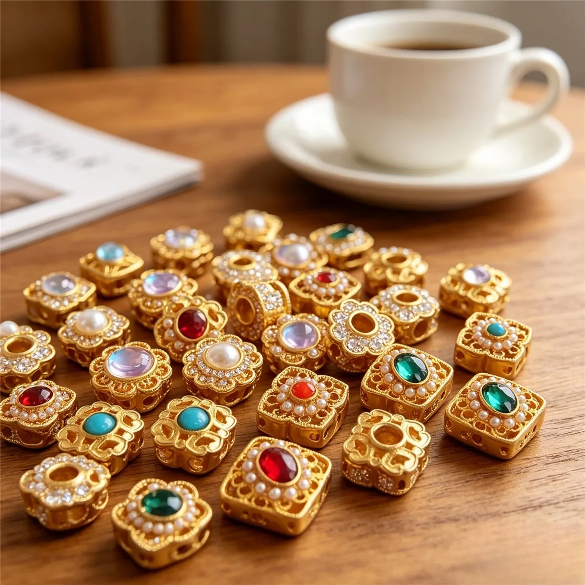Brass Gold Plated Imitation Pearl Moonstone Large Hole Spacer Lucky Beads DIY Jewelry Findings