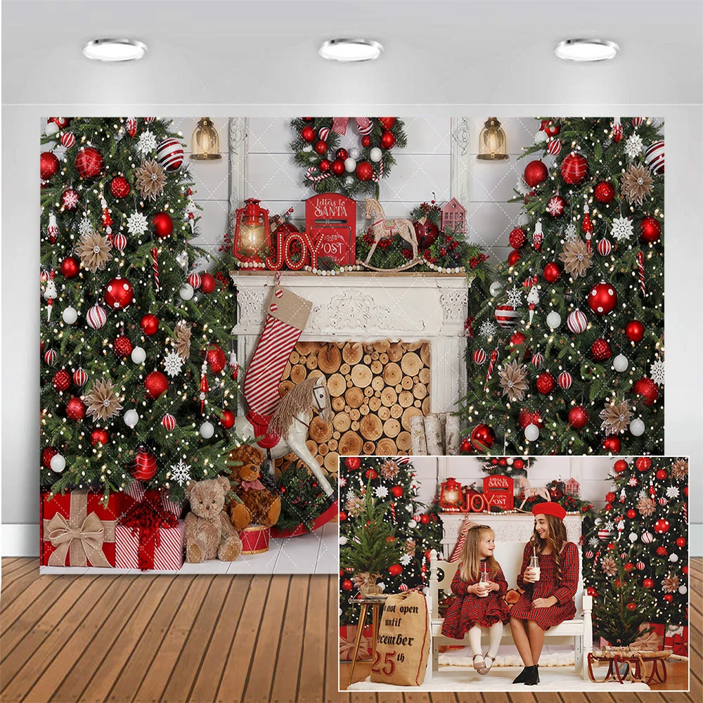 

Christmas Fireplace Photo Background Xmas Tree Red Ball Decor Photography Backdrop Kids Cake Smash Photo Studio Props Photocal