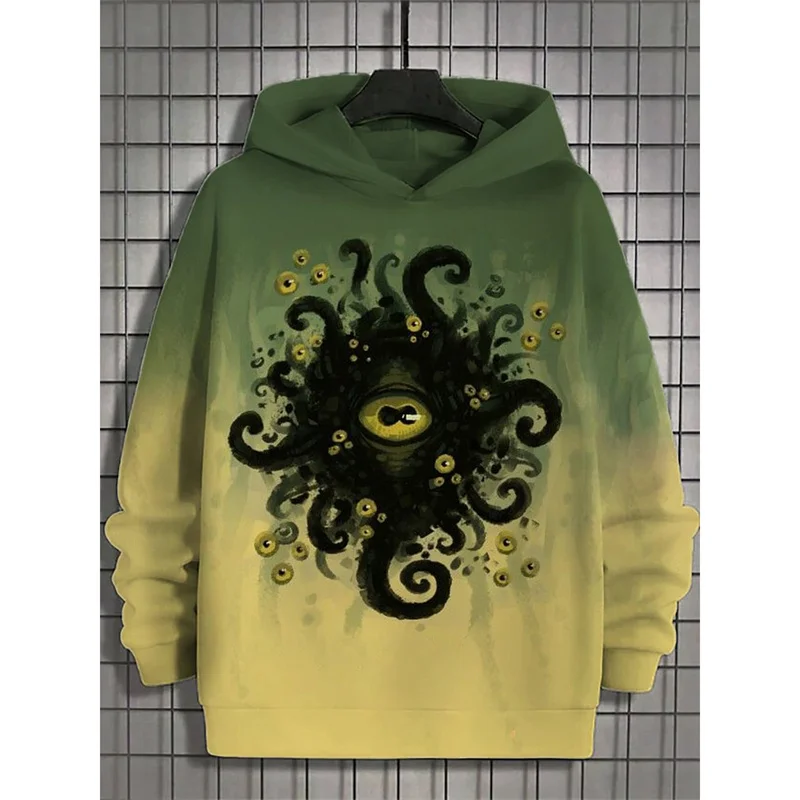 3D Printed Retro Art Hoodies For Men Cthulhu Pattern Sweatshirts Spring Autumn Casual Loose Hooded Long Sleeves Street Pullovers