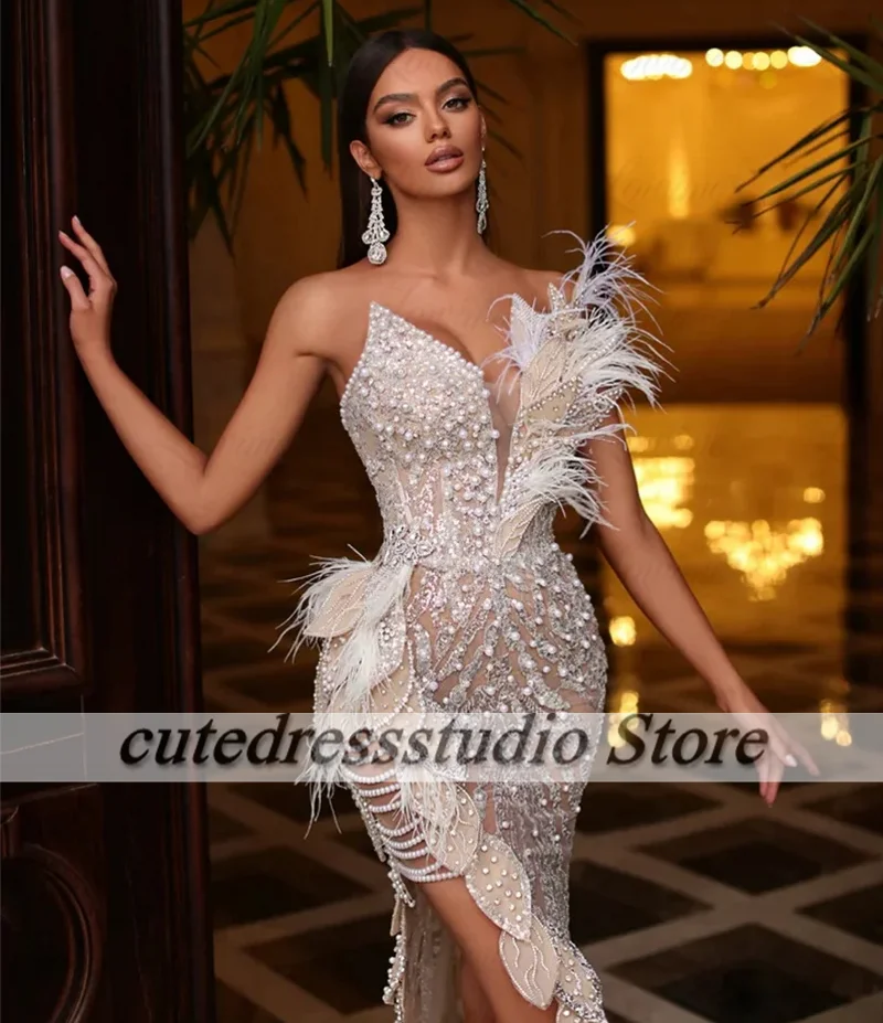 Aso Ebi Mermaid Wedding Party Dresses Luxury Major Bead Crystal High Split Evening Gowns Long Sleeve vestidos de gala Customized