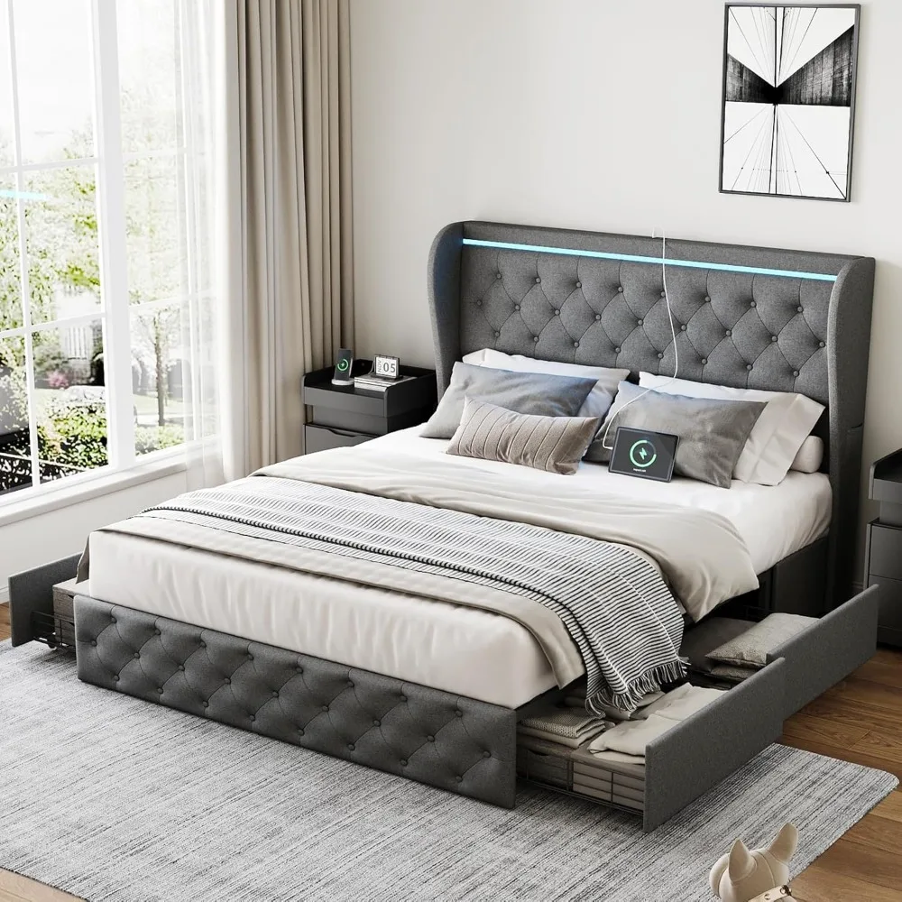Estructura de cama tamaño queen con cabecera tapizada, estación de carga integrada y LED, almacenamiento grande debajo de la cama, sin ruido, plataforma de metal