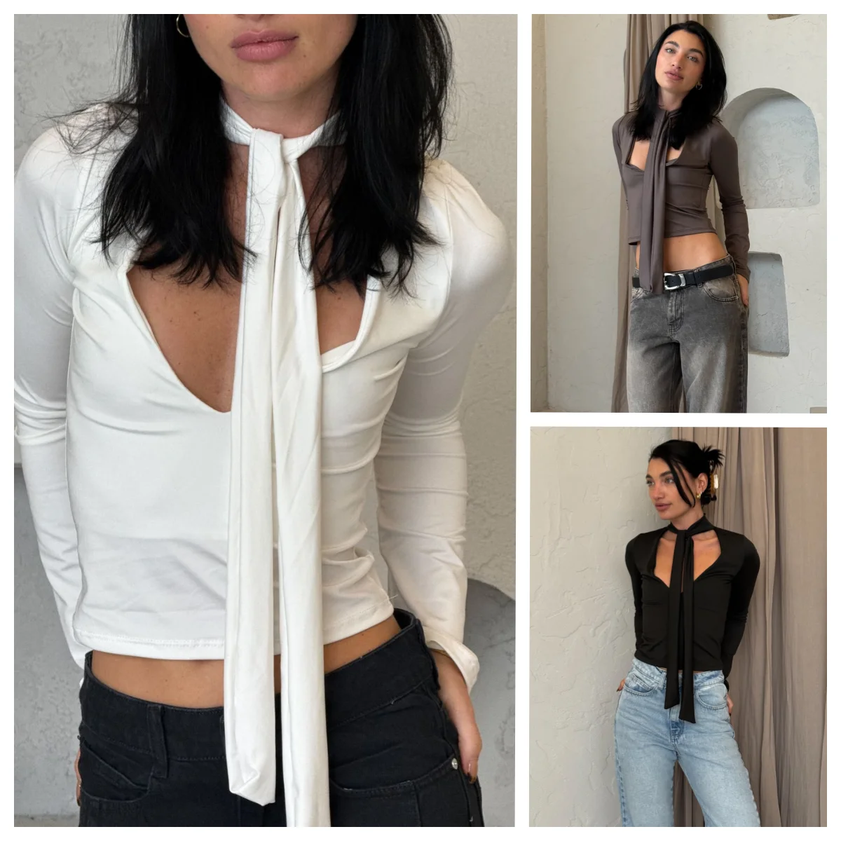 

2025 Autumn New Solid Fashion Sexy Temperament T-shirt High Strecth Scarf Ribbon Long Sleeve Top Y2K Clothes Casual Slim Fit top