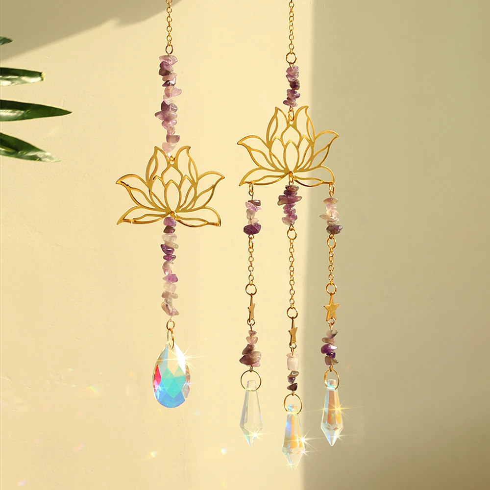 2Pcs Suncatcher Amethyst Lotus Decor Natural Stone Reiki Sun Catcher Window Crystal Prism Garden Art Home Feng Shui Decoration