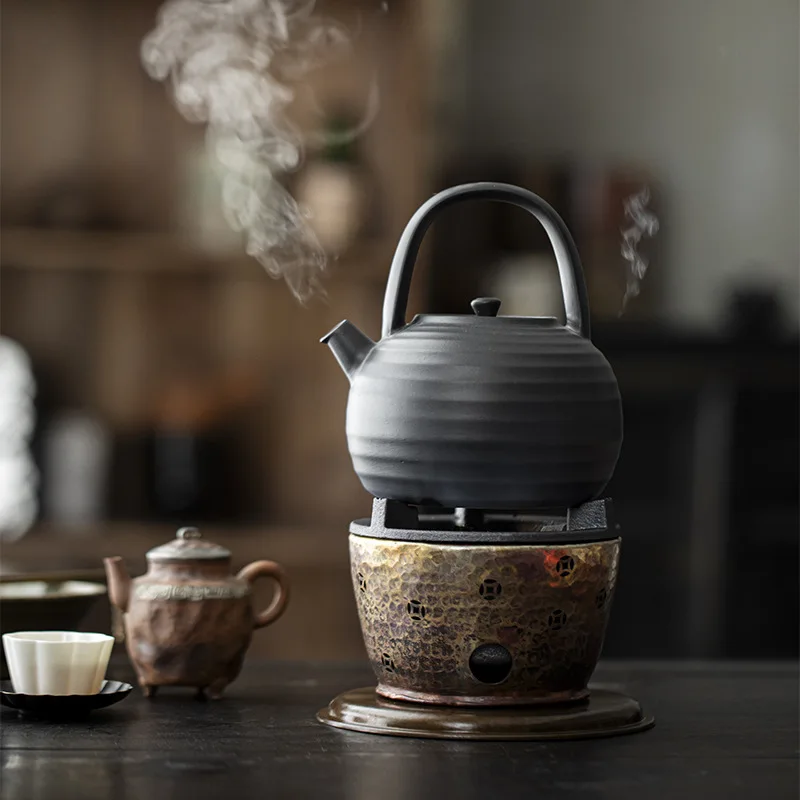 - Premium Handcrafted Pure Copper Hammered Tea Warmer, Ancient Coin Pattern Charcoal Stove, Collectible Chinese Tea Ware