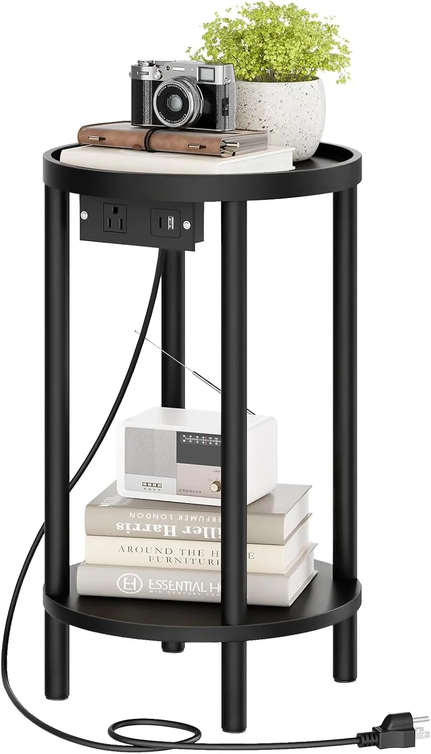 

Small Round Side Table with Charging Station, 2-Tier Round Bamboo End Table, Compact Sofa Bedside Table for Small Space,