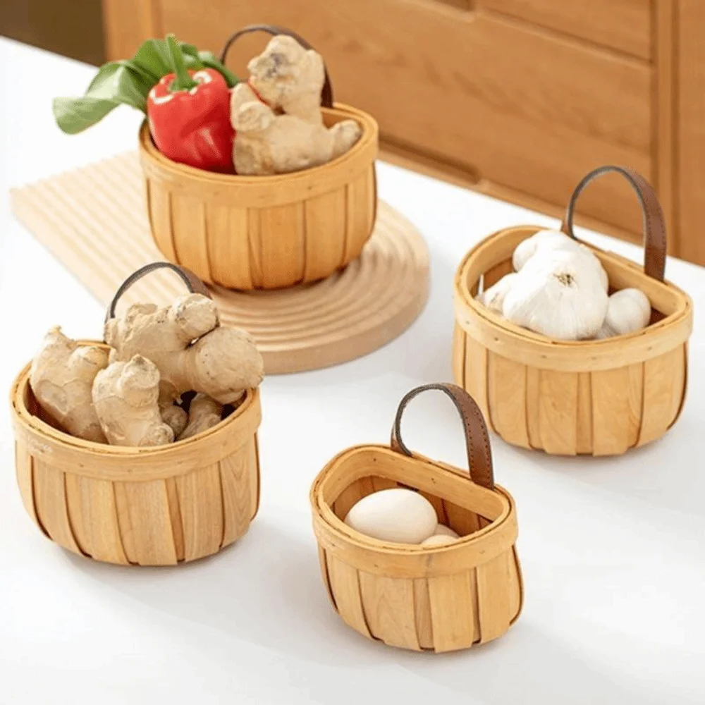 Wood Hanging Storage Basket Handwoven Wall Hanging Kitchen Organizer Basket Open Top Space Saving Garlic Onion Holder
