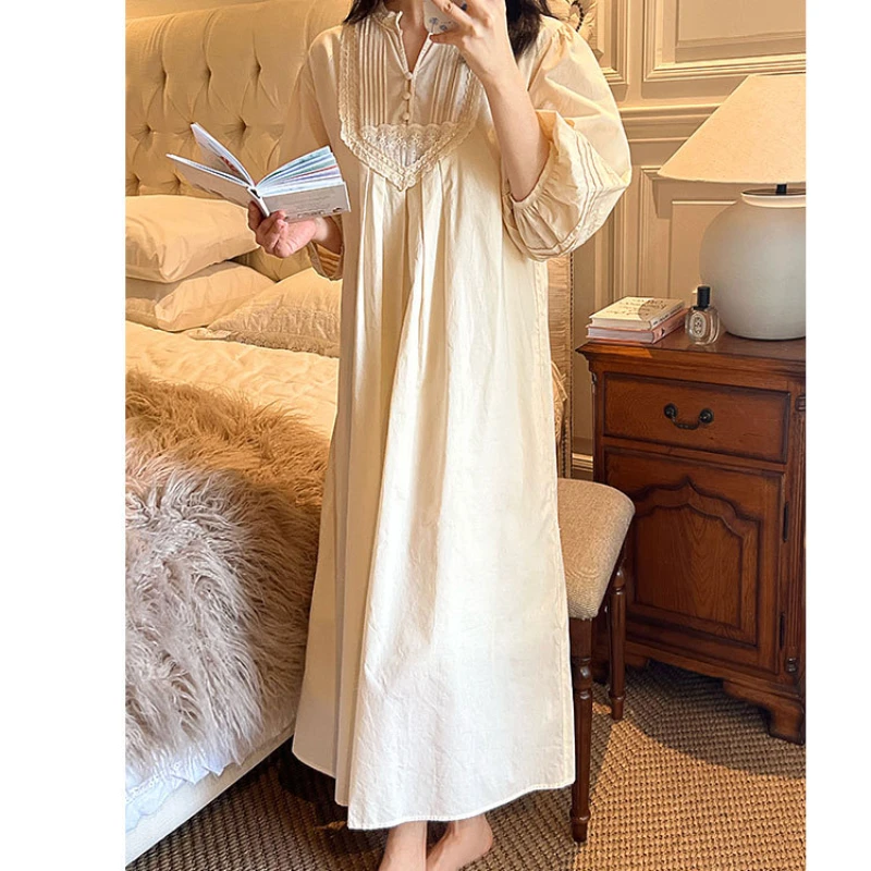 Vintage Pure Cotton Long Night Dress Women Spring Autumn Nightie Loose Robe Victorian Nightgowns Princess Sleepwear Nightdress