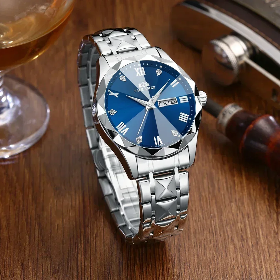 Reloj de lujo para Hombre, cronógrafo luminoso con doble Calendario, dorado, azul, verde, de cuarzo, con forma de diamante, de acero inoxidable