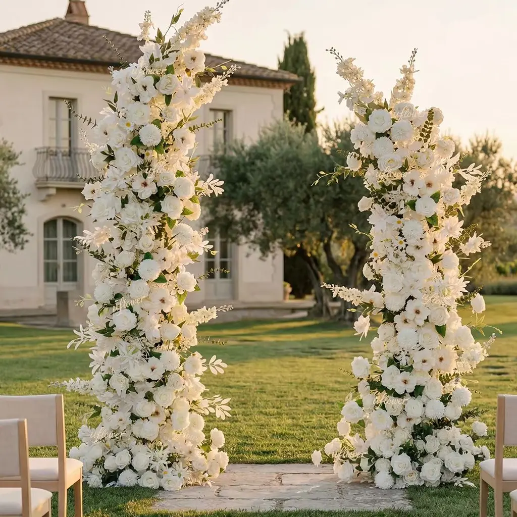 Arco de Flores para Boda, Arco de Flores de Seda de Lujo con Rosas Blancas, Margaritas, Orquídeas y Plantas Verdes, Conjunto de Guirnaldas para Decoración de Fondo de Ceremonia de Boda