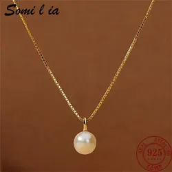 Somilia 925 Sterling Silver 18k Gold Necklace Single White Round Pearl Clavicle Chain for Women Mom Wedding Gift Jiry