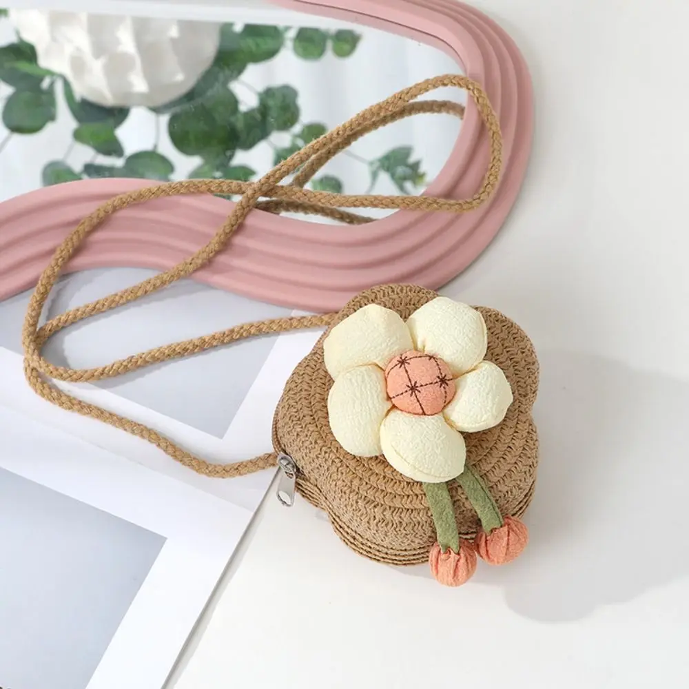 Durable Straw Crossbody Bag Flower Woven Shoulder Bag Coin Purse Girls Kids