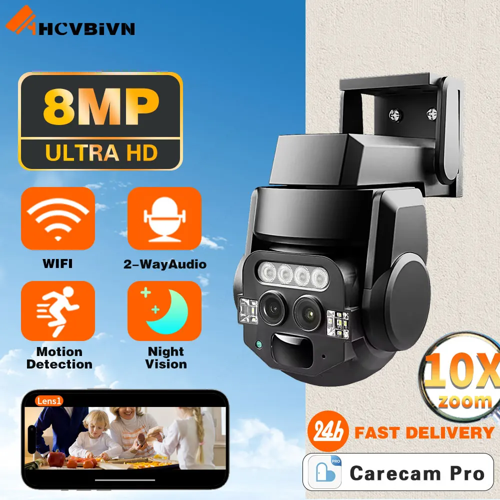 Carecam Pro 4K 8MP Lente Dupla Câmera Sem Fio Detecção Humana 10X PTZ Zoom Color Night Vision CCTV Câmera de Monitoramento Inteligente